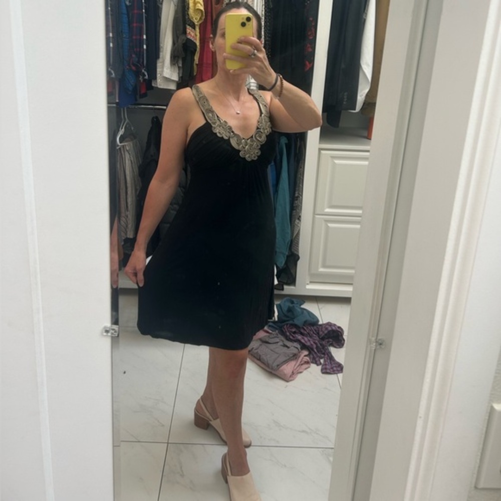 Black V-Neck Mini Dress with Decorative Embellished Straps